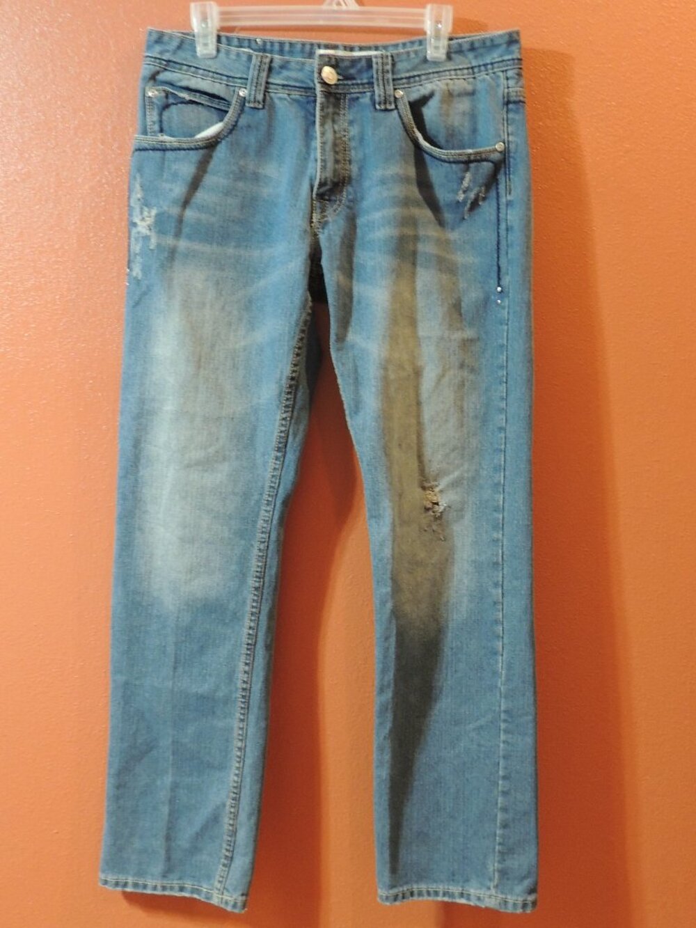 YASO Jeans Men 33x33 Embroider Pockets Outdoor Travel Vacation Denim Blue Jeans